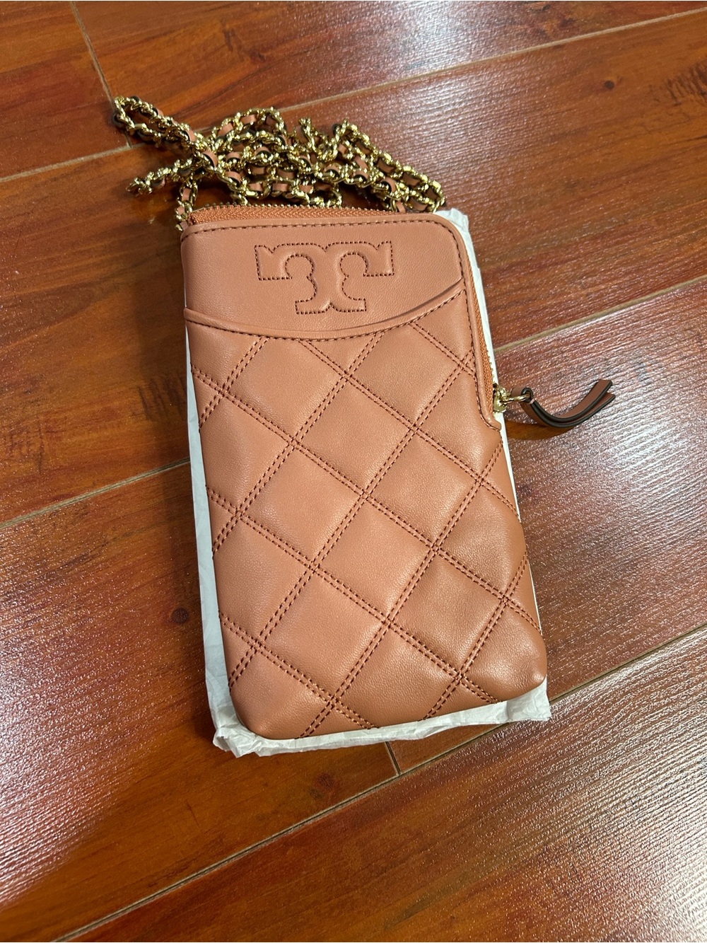 Tory Burch Quilted Crossbody Phone Bag in Dusty Peach with Gold Chain